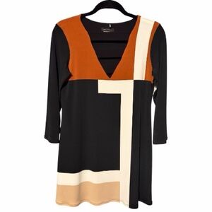 Eva Varro Geometric Colorblock Mini Dress Tunic | Black Rust Ecru | Size M